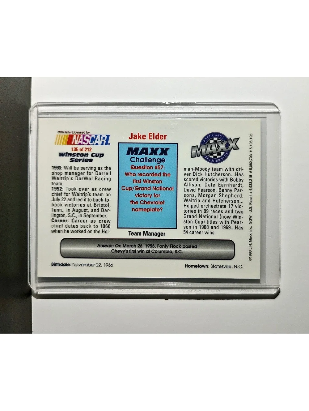 Jake Elder 1993 Maxx Premier Plus Racing #135 NASCAR Card DARWAL Inc.